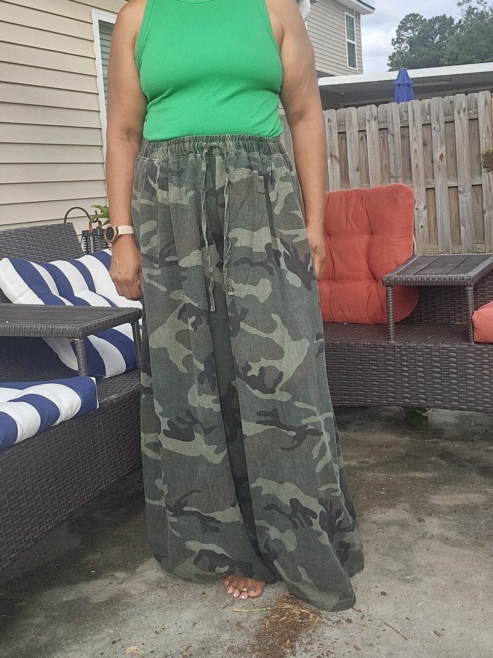 Wide Leg Flare Jeans in Camouflage Green - Picture 5 of 5
